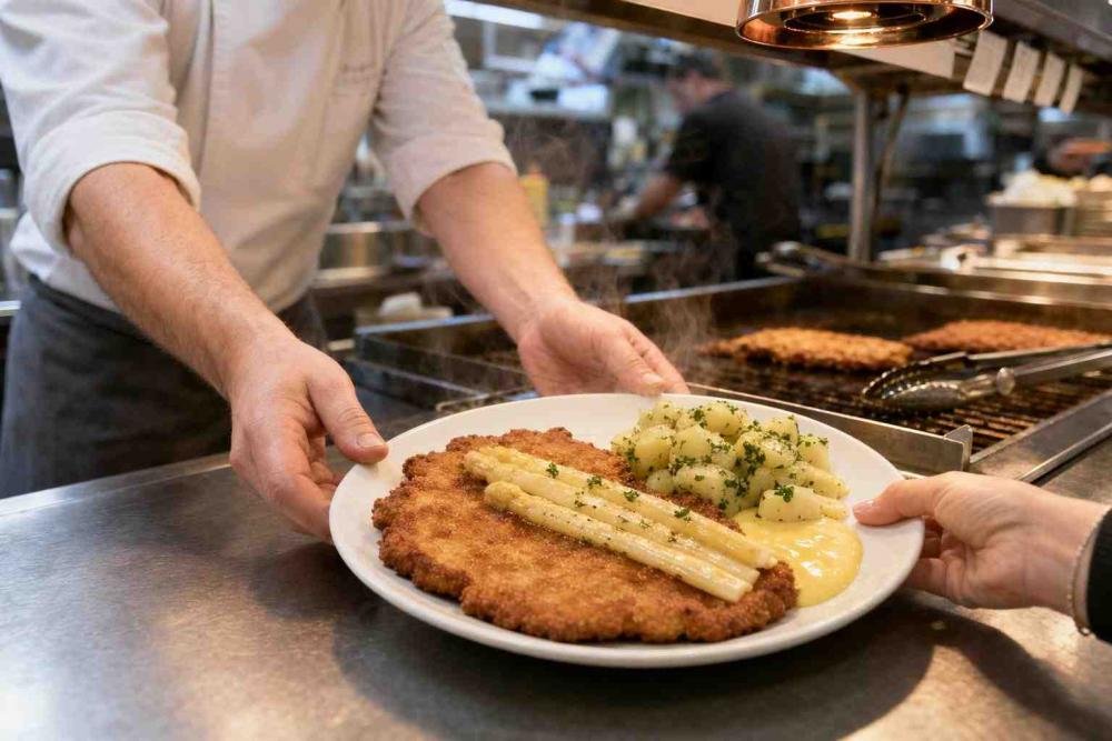 Cinematic wide shot of a plated schnitzel on a stainless pass: a golden schnitzel topped with buttered white asparagus, a pool of hollandaise and steamed parsley potatoes; chef’s hands slide the plate forward while a server’s hand reaches from the background at a busy café grill station.