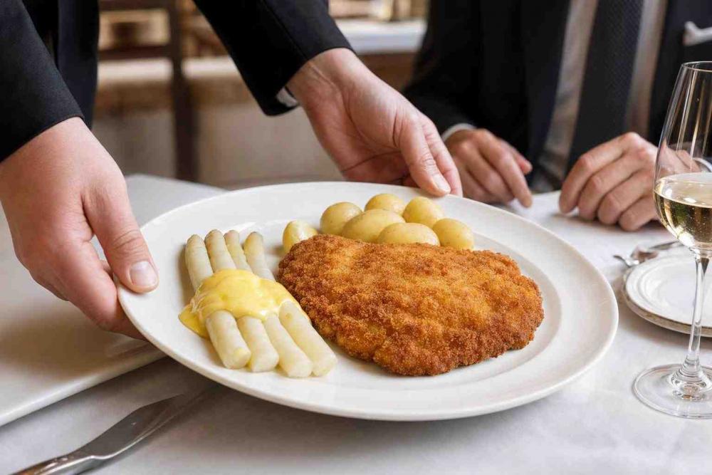 Wide plate with golden schnitzel at center, a neat bundle of white asparagus with glossy hollandaise to one side and a modest mound of steamed new potatoes to the other; a waiter’s hands set the plate on a linen table, blurred dining room and a glass of white wine in the background.
