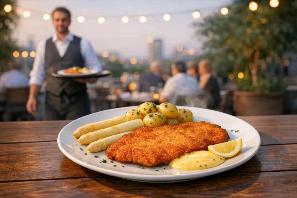 Plate on a terrace table with a thin golden veal schnitzel (200g), white asparagus, steamed baby potatoes and hollandaise, while a server carries a second identical plate in soft evening light.
