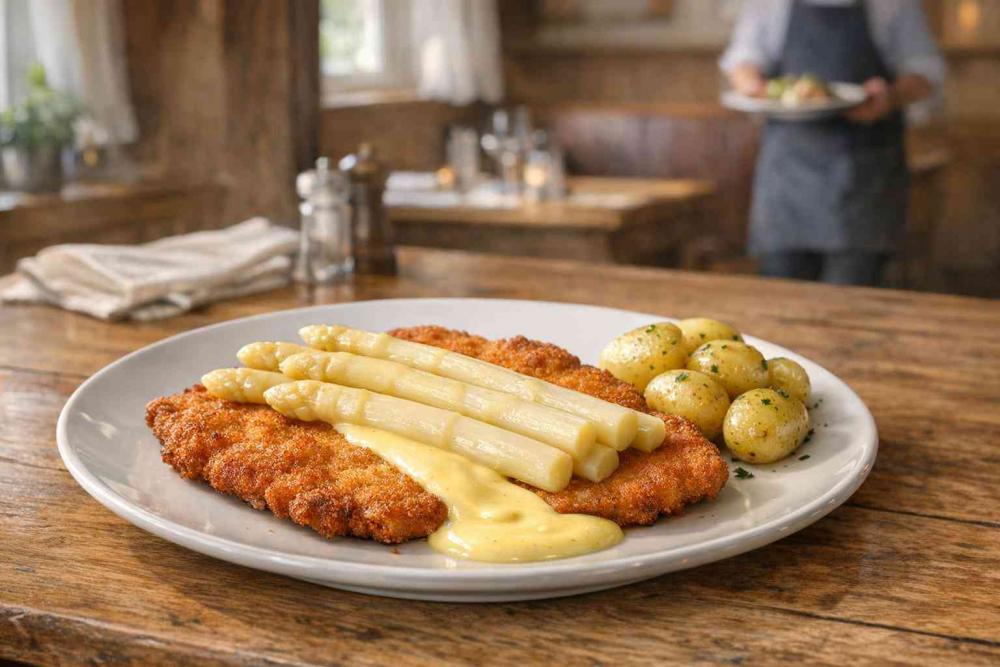 Plate with a thin golden-brown 200g veal schnitzel topped by white asparagus spears and a ribbon of hollandaise, with a small mound of steamed baby potatoes, set on a wooden table by a sunlit window in a warm country inn dining room; blurred waiter and wooden-beamed interior in background.