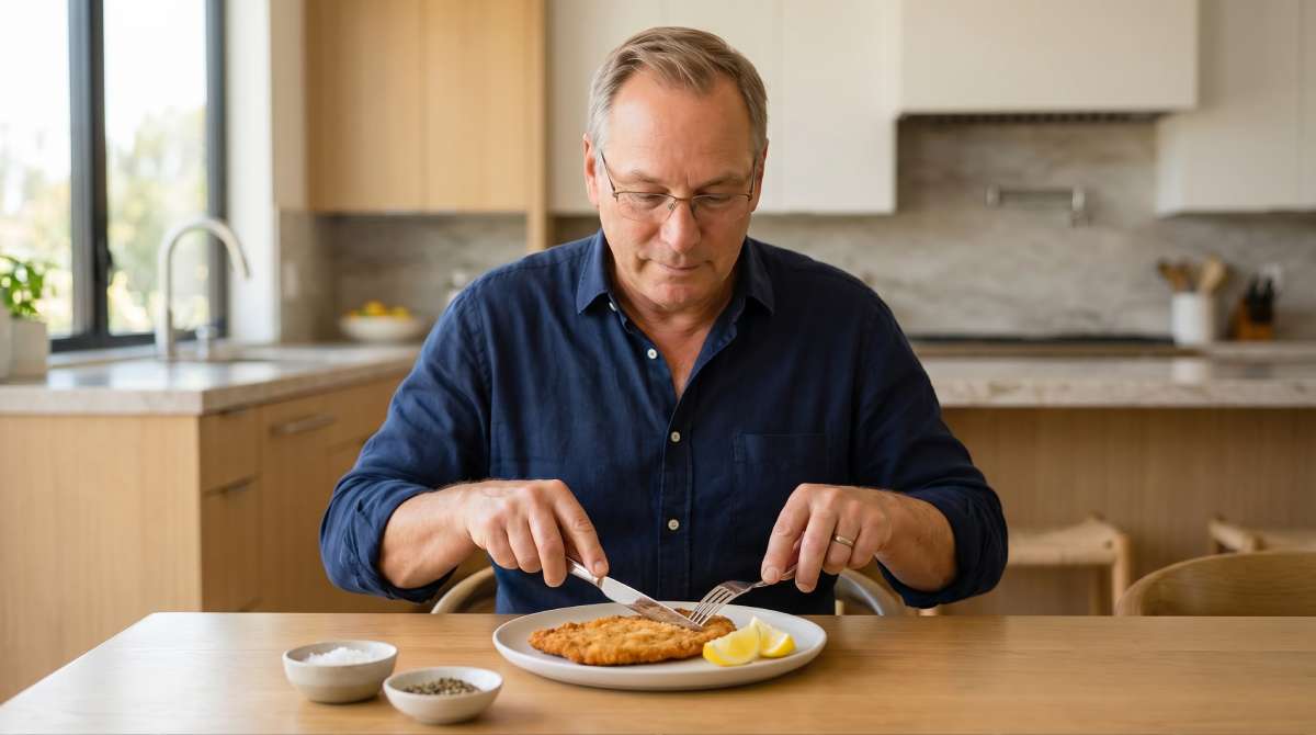 Author cutting into a schnitzel with lemon wedges, salt and pepper on a kitchen table