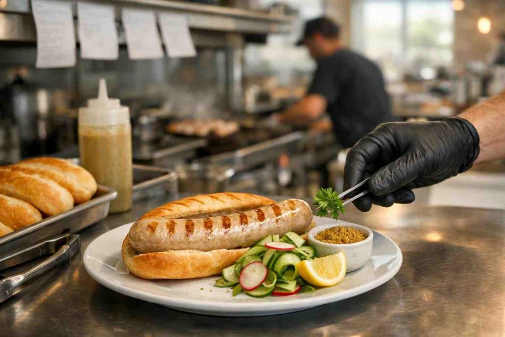 A plated spring bratwurst lunch on a café back counter: a pale, plump grilled bratwurst in a lightly toasted split roll with ribboned cucumber and radish salad, grain mustard pot and lemon wedge; a gloved hand places a herb sprig while prep tools and order tickets sit on the stainless counter in soft-focus behind.