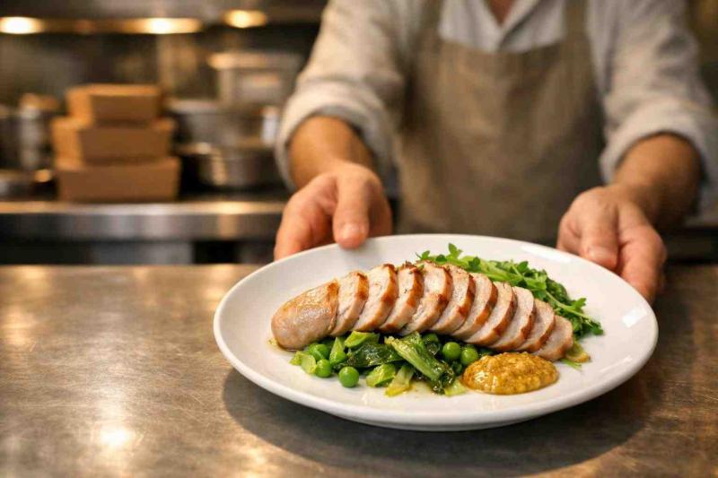 Sliced Bratwurst with Spring Greens and Peas