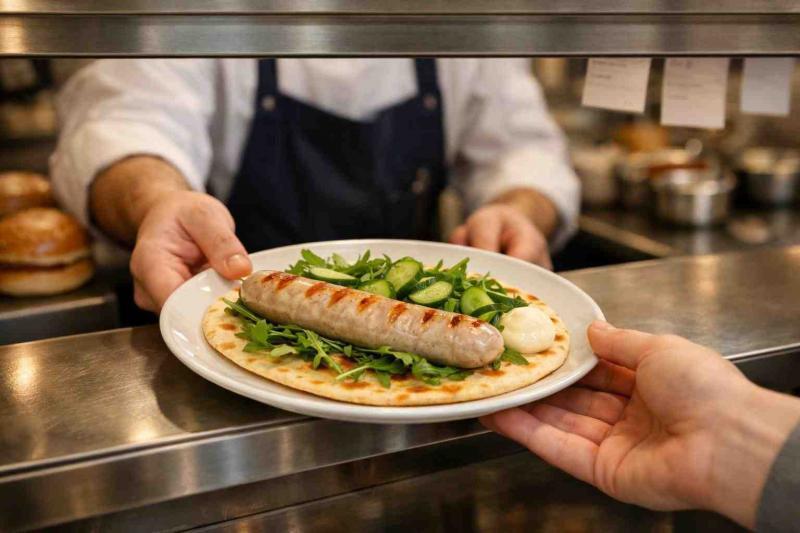 Bratwurst Flatbread with Rocket and Mustard Crème Fraîche