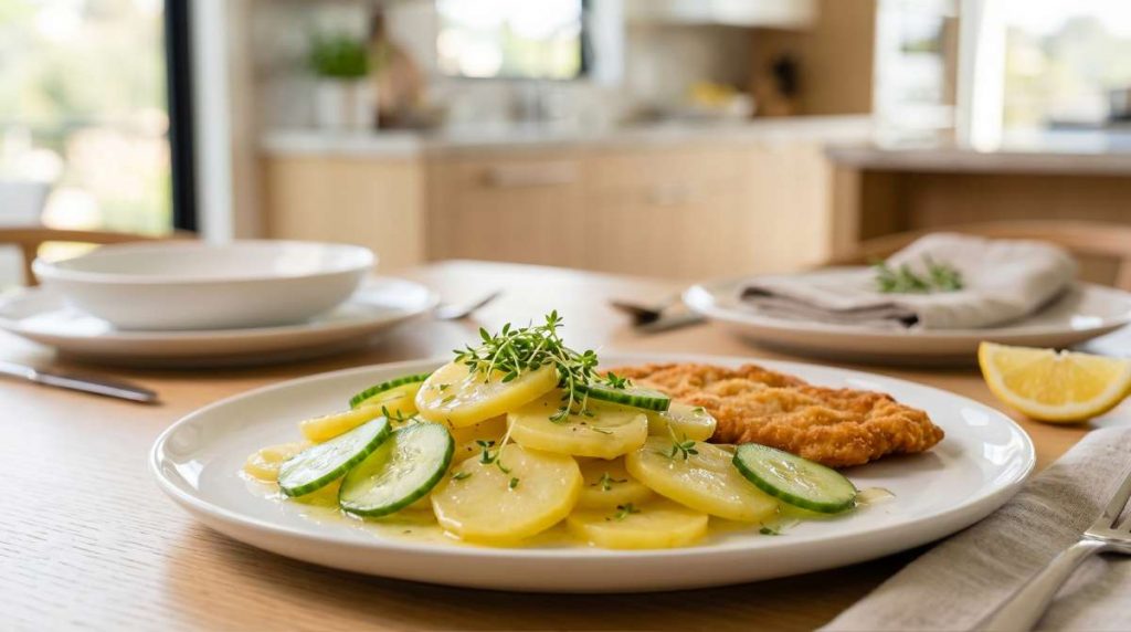 Swabian potato salad with cucumber slices and cress served beside schnitzel and lemon on a white plate