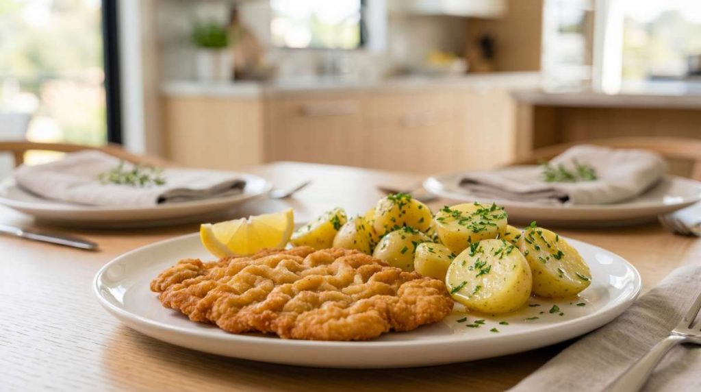 Veal schnitzel with lemon and parsley potatoes on a white plate