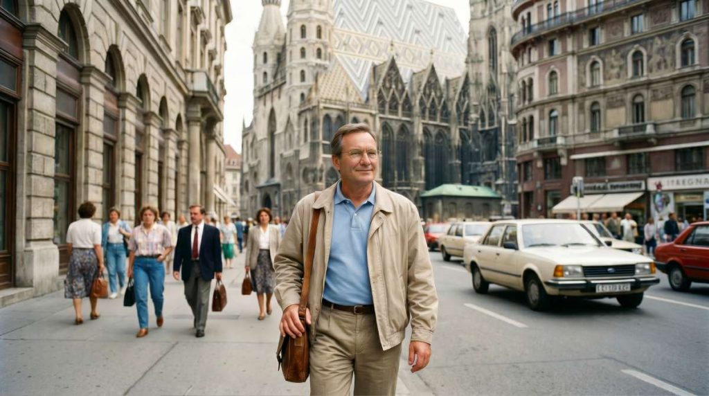 Author walking through Vienna old town near St Stephen’s Cathedral in the 1990s