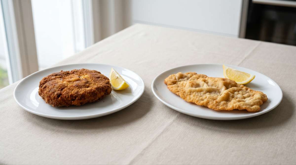 Comparison of a thick dark schnitzel and a thin lighter schnitzel on white plates with lemon wedges