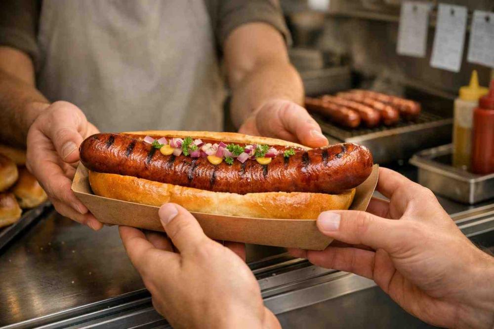Wide editorial photo of a premium chilli beef frankfurter in a toasted brioche bun being passed through a food truck hatch; server’s hand in an apron offers the juicy, grilled sausage topped with smoky mustard, pickled onions and parsley to a customer holding a takeaway tray, with stainless counters and a hotplate in soft focus behind — beef hot dogs.