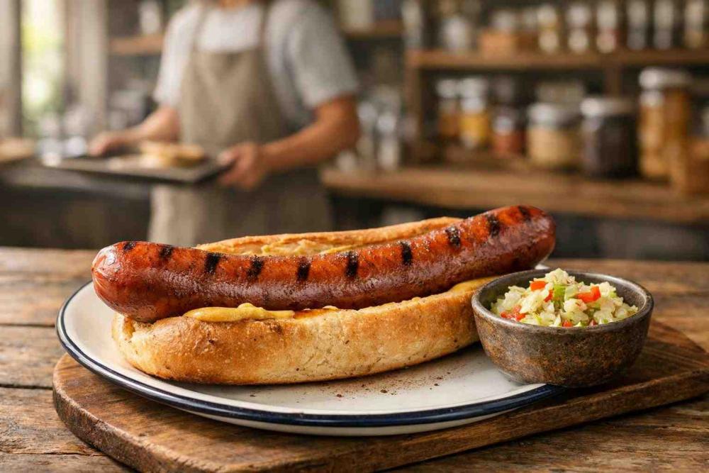 Photorealistic farm-café scene of a premium chilli beef frankfurter in an artisan bun on a wooden board, with mustard smear and a small pot of cooling relish on a worn farmhouse table; café server and local produce shelves softly out of focus in the background — beef hot dogs.