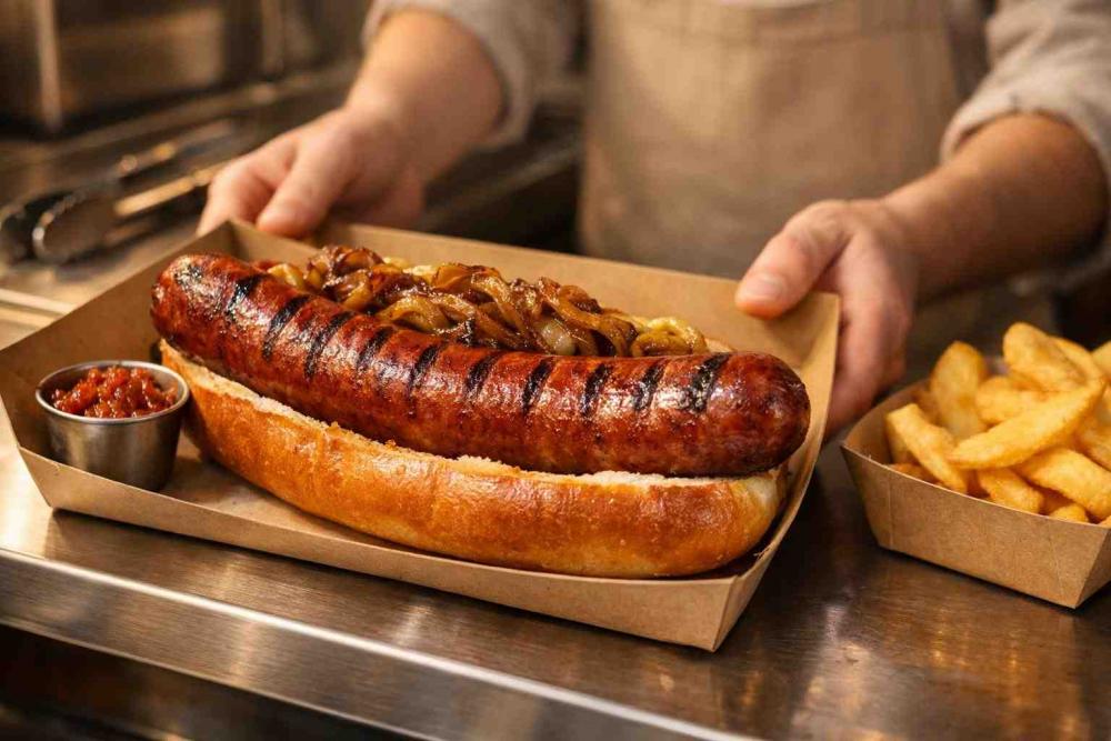 Artisan food trailer close-up banner: a premium chilli beef frankfurter in a slightly toasted brioche bun on a stainless pass shelf, with caramelised onions, mustard, tangy relish and a paper tray of chips, warm evening market light — beef hot dogs.