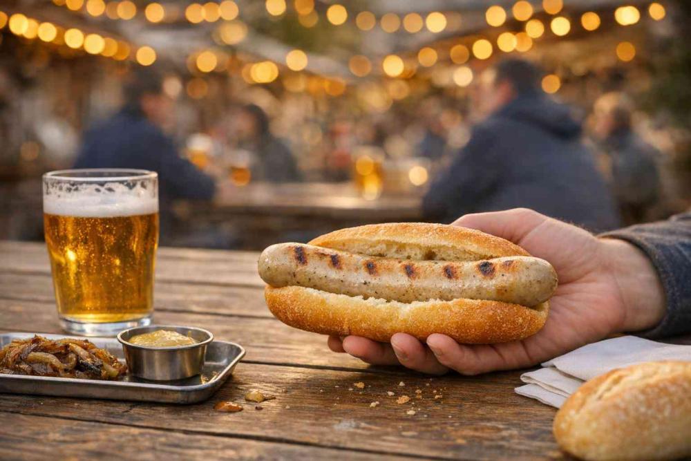 Photorealistic beer-garden scene: a lightly grilled German bratwurst in a slightly crusty springy roll held at the edge of a wooden table, with a half-pint of beer, ramekins of caramelised onions and mustard, and a second roll nearby — focusing on how the roll shapes the eating experience (hot dog rolls).