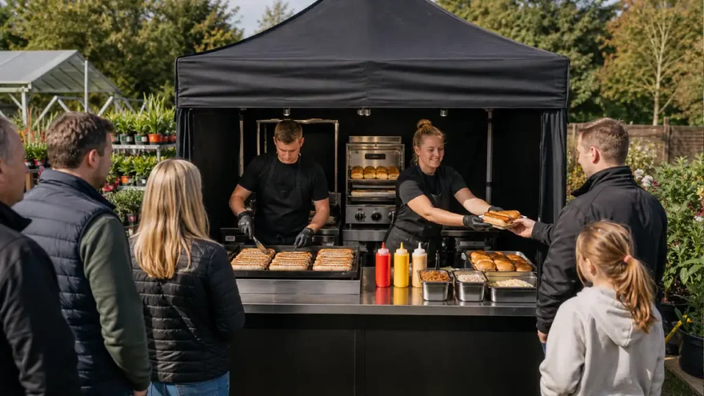 Compact 3x3m catering tent layout serving German sausages quickly at a small outdoor event with two staff, grill, buns and a short customer queue