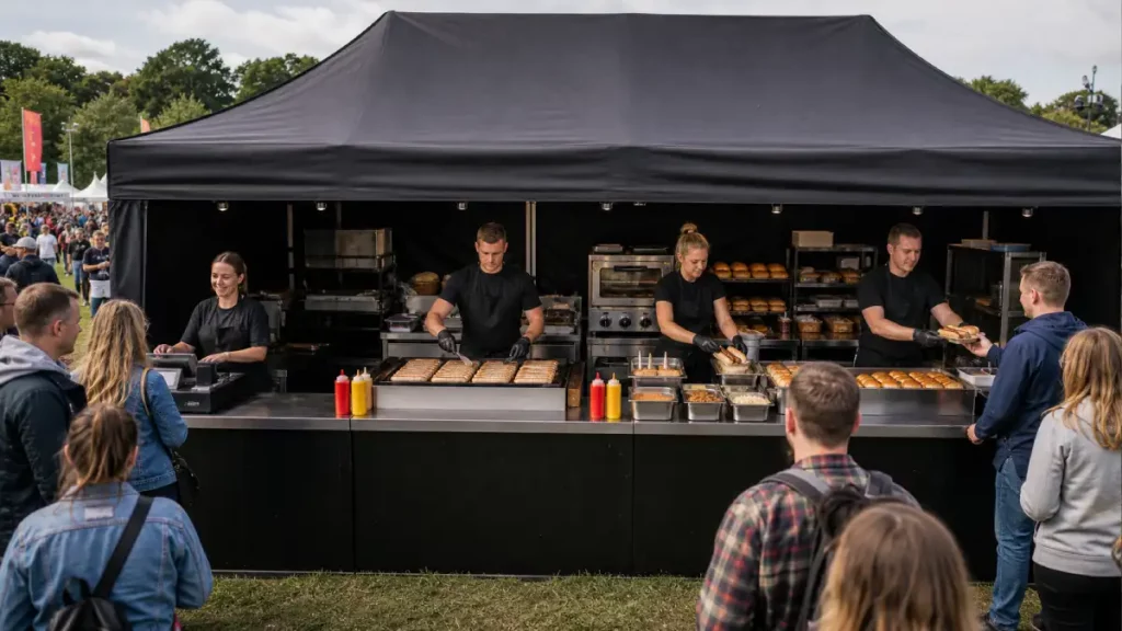6x3m catering tent layout for high-volume German sausage service with separate stations for payment, grilling, finishing and handover
