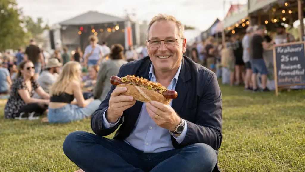 The Sausage Haus author Jörg Braese sitting on the grass at a music festival eating a fully loaded 25cm Krakauer in a ciabatta roll