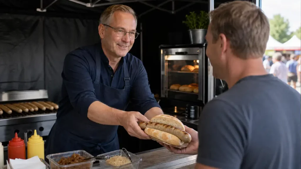 Author serving a 25cm German bratwurst in a ciabatta roll from a compact 3x3m catering tent with grill, bread warmer and condiments