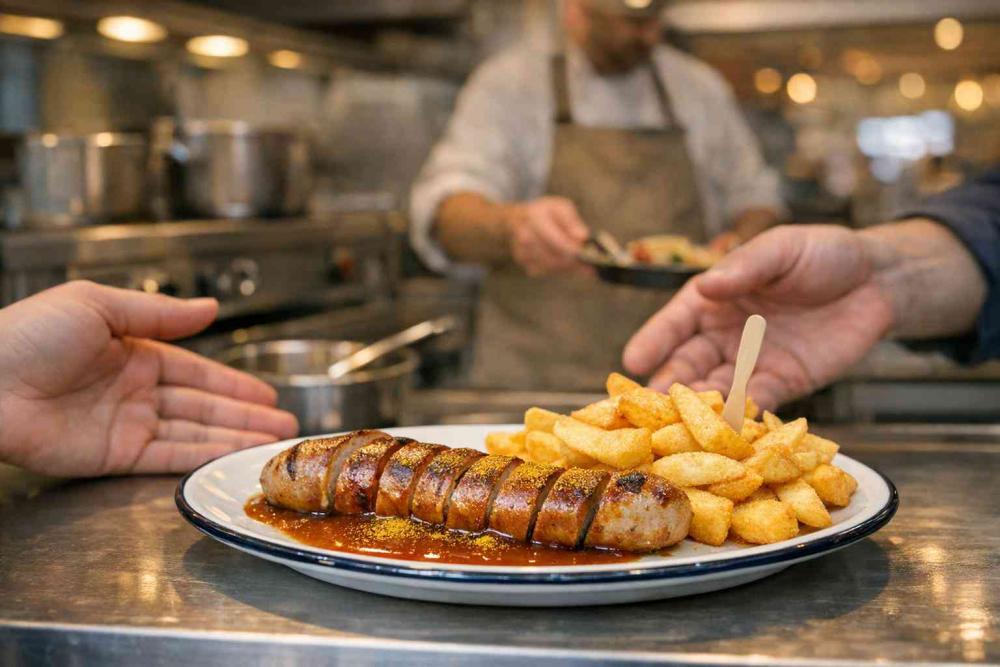 Wide low-angle banner photo of a plated Düsseldorf-style currywurst: a 25 cm grilled Curry Pork Bratwurst sliced and fanned on a white enamel plate, glazed with curry sauce and dusted with curry powder, served with a generous heap of golden chips and a wooden fork. Behind the plate a chef in a neutral apron finishes another order at a tidy stainless-steel pass under warm market-hall light.