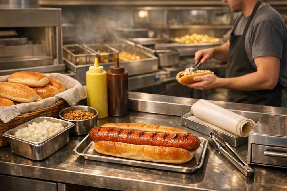 Compact hotdog assembly station in a UK fish-and-chip shop with a premium 150g smoked pork hotdog on a tray, rolls, onions and sauces arranged for fast service; one staff member assembling while fryer and chip station sit in the blurred background.