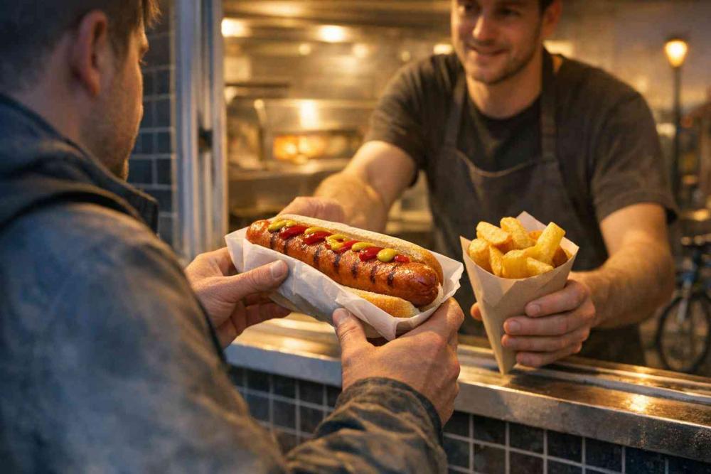 Evening British fish-and-chip shop counter window: a server hands a wrapped premium jumbo smoked pork hotdog and a cone of thick chips to a lone customer on the pavement, warm shop lighting and quiet high-street atmosphere.