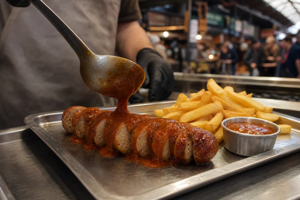 Close low-angle banner photo of a sliced, glossy grilled Currywurst on a stainless-steel tray as a modest ladle coats it with a sweet-tangy curry sauce; small chips and a ramekin of extra sauce to the side, vendor’s gloved hand and blurred market-hall background provide authentic stall context.