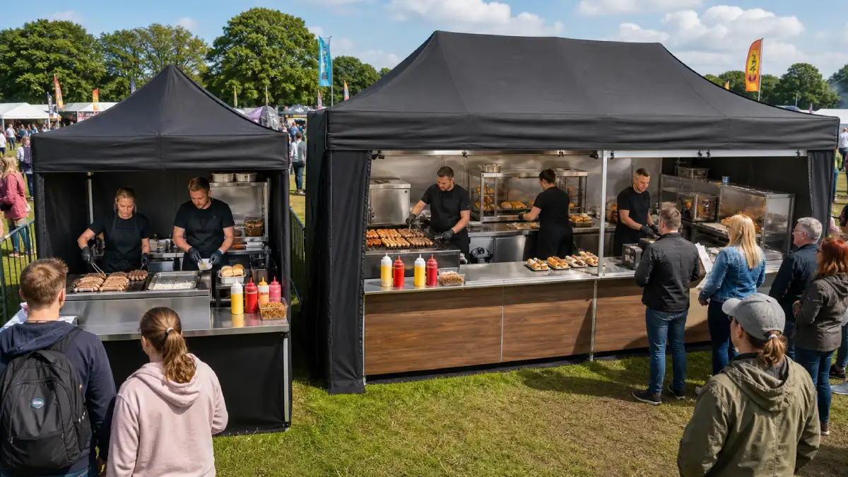 3x3m and 6x3m festival catering tent layouts showing fast German sausage service with grills, staff, queues and condiment stations