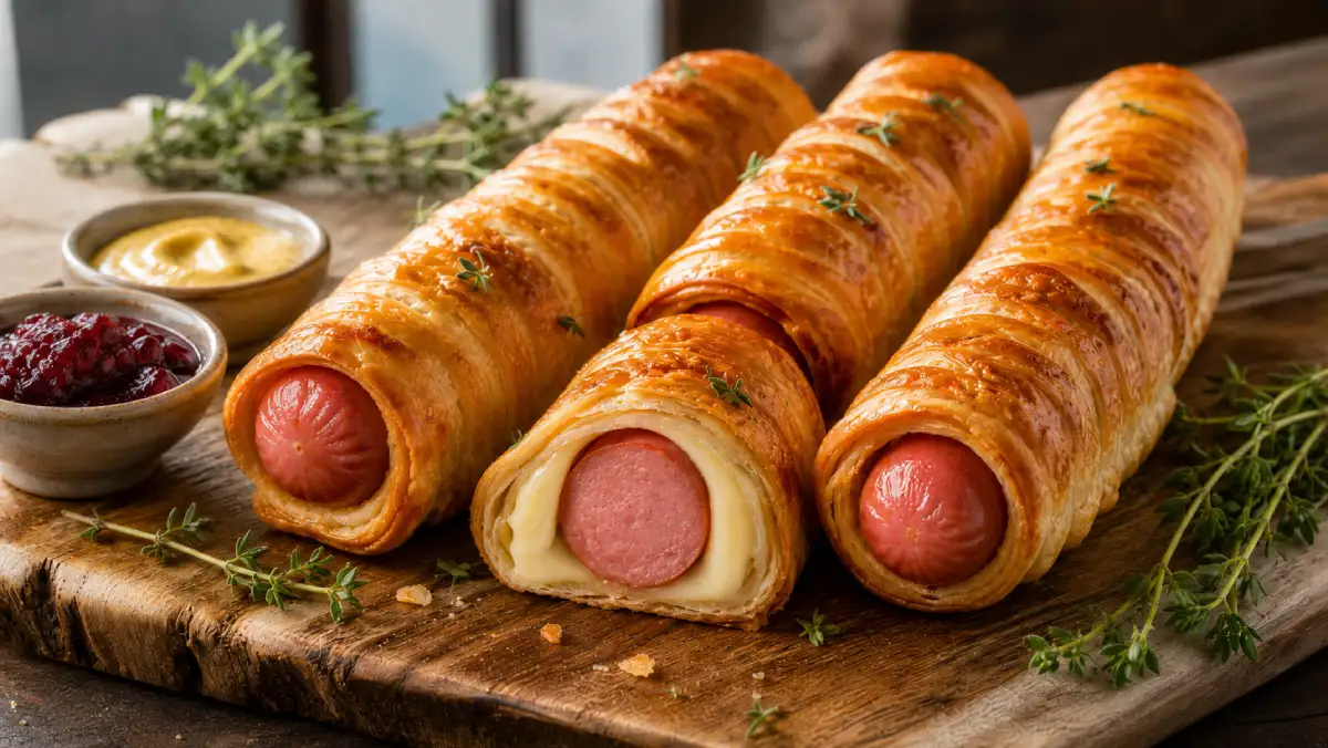 Giant Bacon Frankfurter sausage rolls in golden puff pastry with melted brie, served on a wooden board with mustard and cranberry sauce