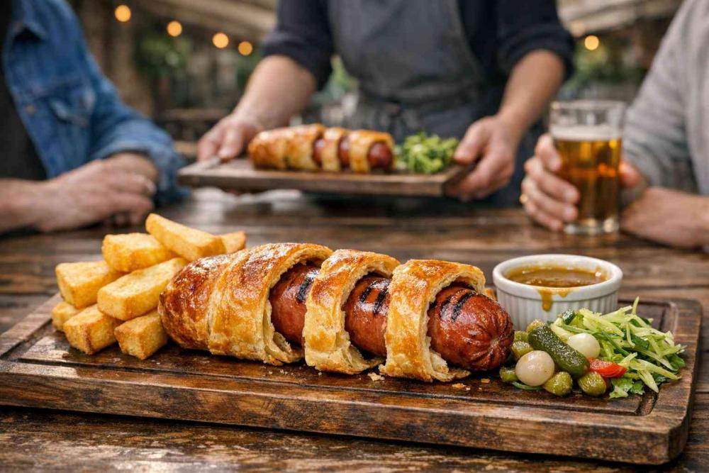 Giant sausage rolls: a 25 cm bacon frankfurter sausage roll wrapped in golden puff pastry, sliced into three pieces on a rustic tray with thick-cut chips, honey‑mustard glaze and pickles, served in a covered pub courtyard with a server placing the tray down.