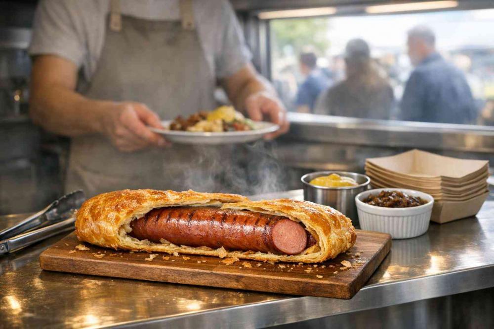 Giant sausage rolls: a large puff-pastry sausage roll sliced lengthwise on a wooden board in a busy trailer pass, revealing a thick glossy bacon frankfurter centre; mustard pot, ramekin of caramelised onions, tongs and paper trays nearby, staff and a blurred customer queue in the background.
