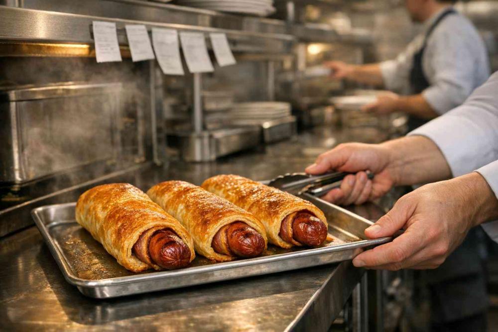 Wide banner: chef sliding a tray of golden puff pastry giant sausage rolls filled with premium bacon frankfurters from a hot-holding shelf onto a stainless prep counter in a busy back-of-house kitchen.
