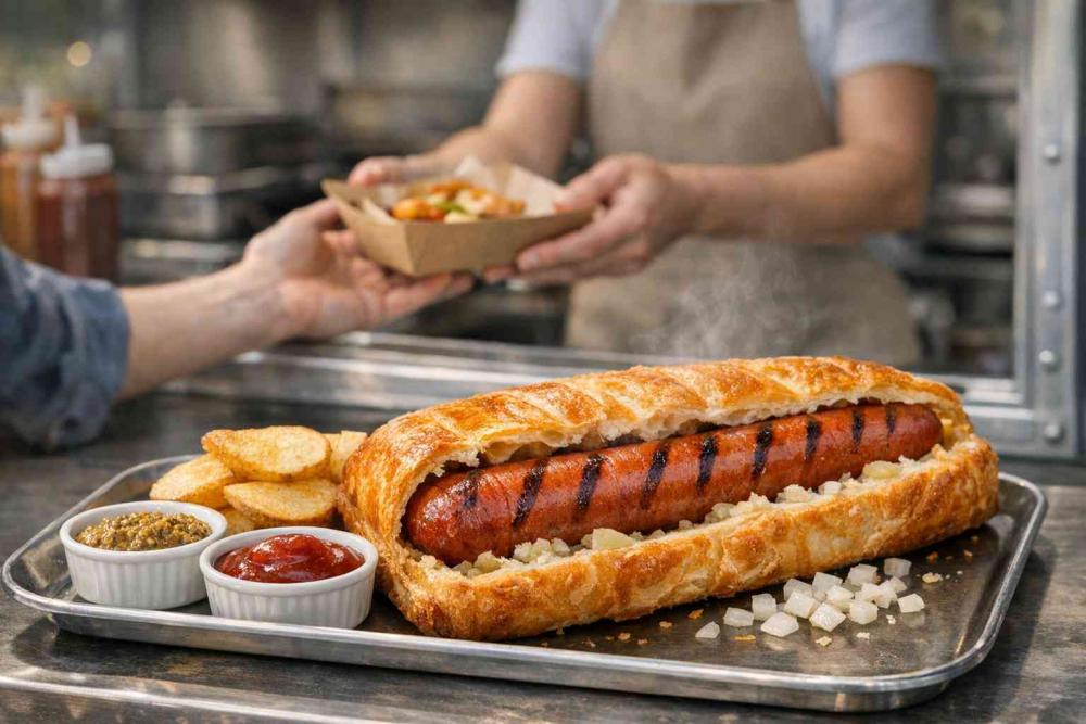 Giant sausage rolls — a large puff-pastry sausage roll sliced open to reveal a single premium bacon frankfurter, served hatch-side at a festival trailer with mustard, curry ketchup, tomato ketchup, thick-cut chips and diced pickled onions.