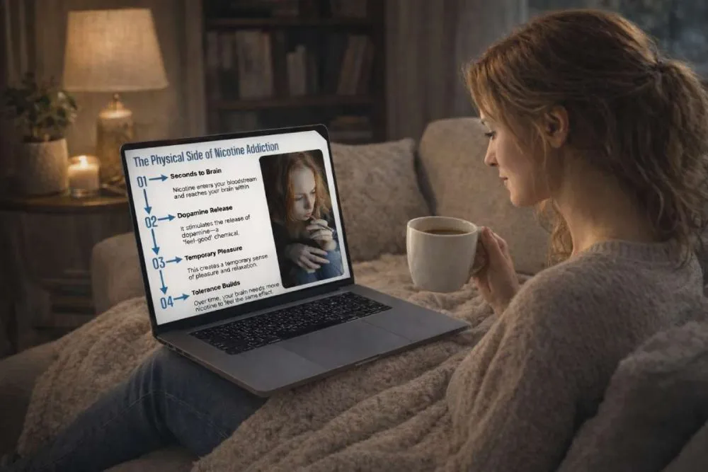 Woman watching a quit & breathe video on her Laptop