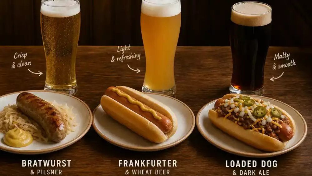 Three sausage servings with matching beers and a small menu card show how simple pairings help pub staff explain the offer.