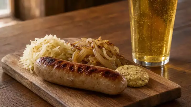 Classic bratwurst with mustard and sauerkraut served beside a crisp lager for a simple pub pairing.