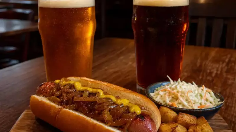 Smoked pork hot dog served with amber ale and best bitter on a pub table with classic sides.