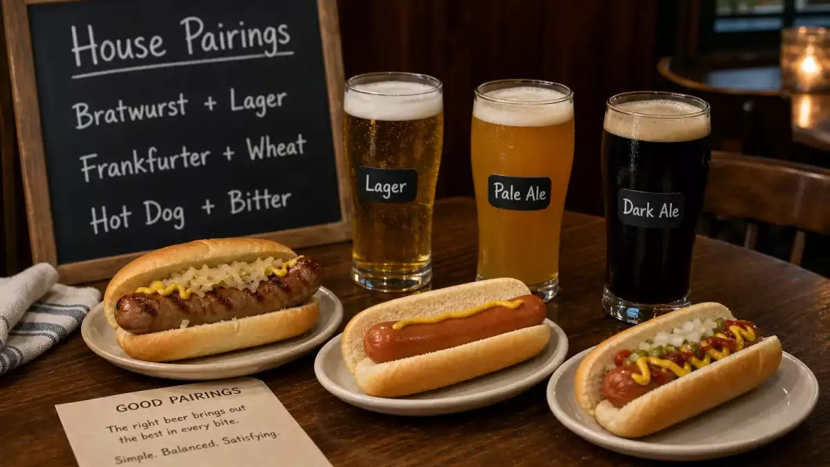 Pub table with sausage dishes and simple beer pairings shown on a chalkboard menu.