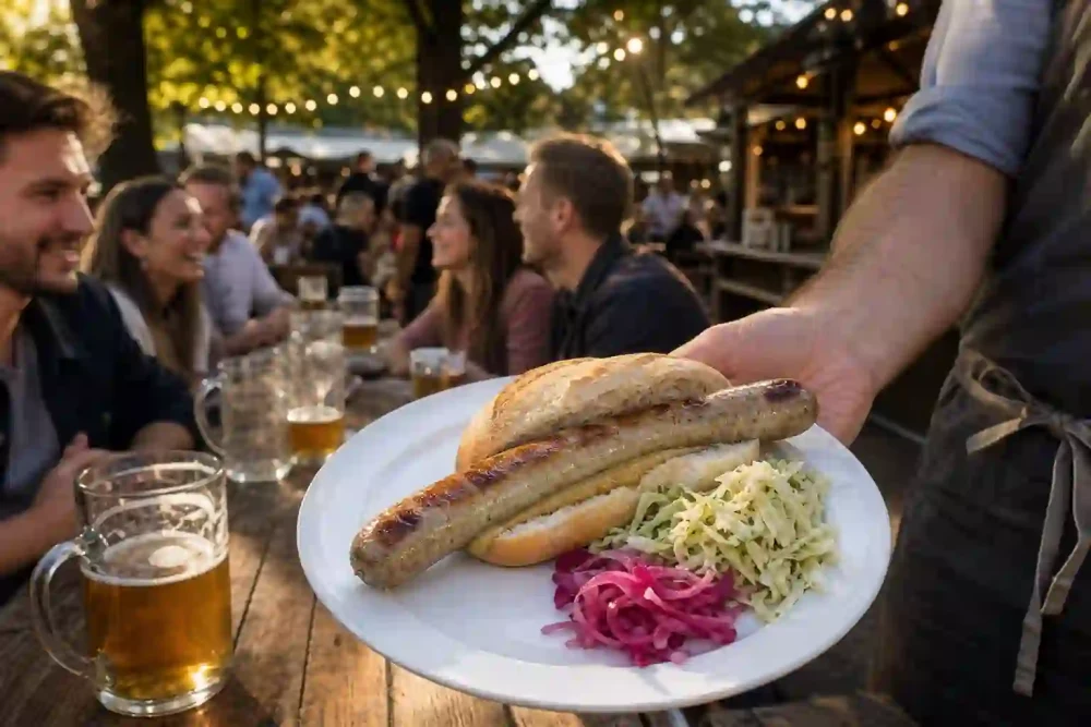 Server’s hand presenting a plated Thüringer Rostbratwurst in a rustic roll with mustard, pickled onions and seasonal slaw on a communal beer garden table; pitchers of beer and softly lit crowd behind.