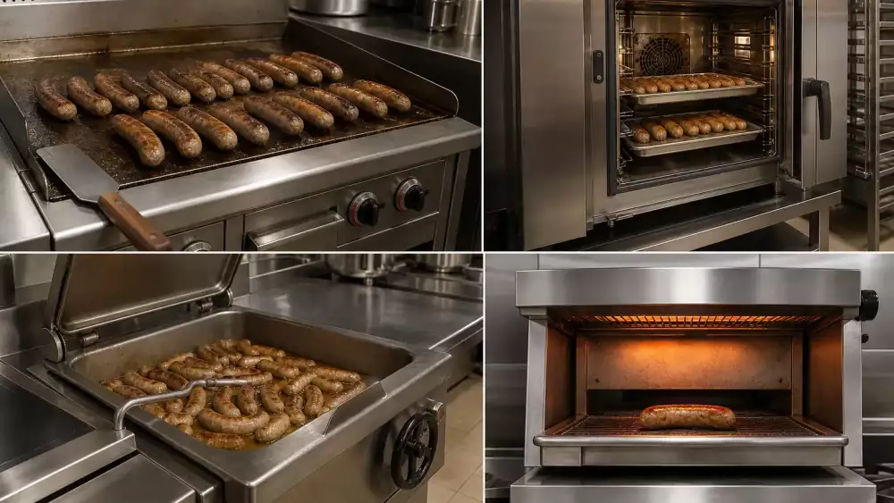 Professional kitchen stations showing bratwurst being cooked on a griddle, finished under a salamander, and held in a bratt pan with onions and cabbage.