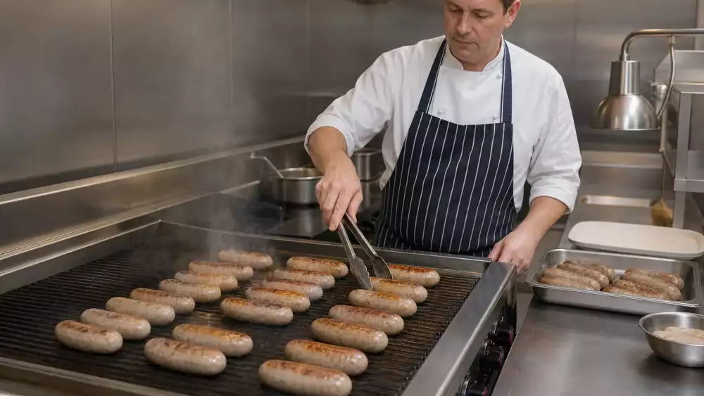 Chef turning bratwurst on a griddle with even spacing to prevent split casings and uneven browning.