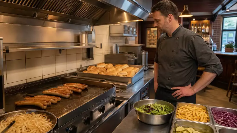 A pub kitchen setup with bratwurst on a griddle beside buns, onions, and sides, illustrating efficient service-ready preparation.