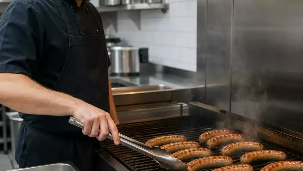 Chef gently cooking bratwurst on controlled heat with intact casings and even browning in a professional kitchen.
