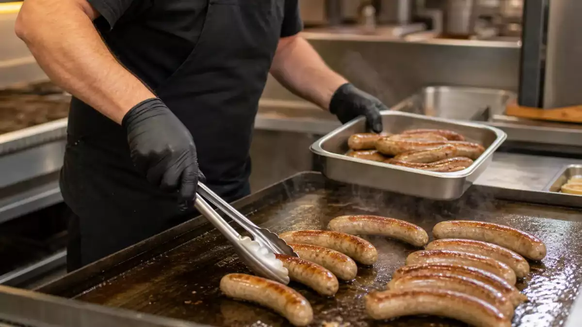 Chef turns browned bratwurst on a flat-top griddle beside a grill in a professional kitchen, with batch-ready sausages held nearby.