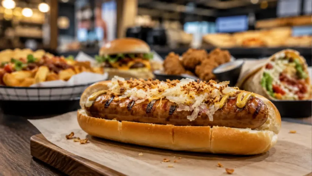 Premium German-style hot dog with mustard and sauerkraut served alongside other fast food options