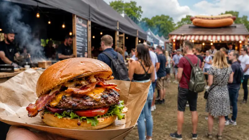 Large bacon cheeseburger at a busy UK food festival with food stalls, queues and a German-style hot dog stand in the background, showing how burgers compete with German hot dogs as popular event food.