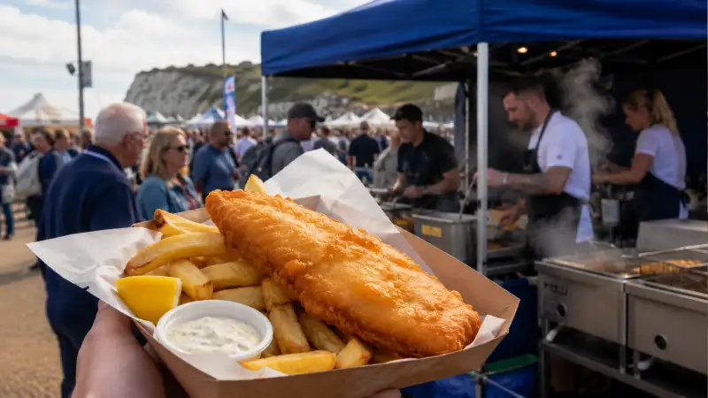 Tray of fish and chips with tartare sauce at a busy UK outdoor event, showing why fish and chips remains a popular but more operationally complex festival food.