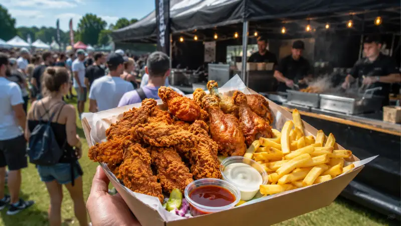 Tray of fried chicken, wings, chips and sauces at a busy UK outdoor festival, showing fried chicken as a popular but more operationally complex event food compared with German hot dogs.