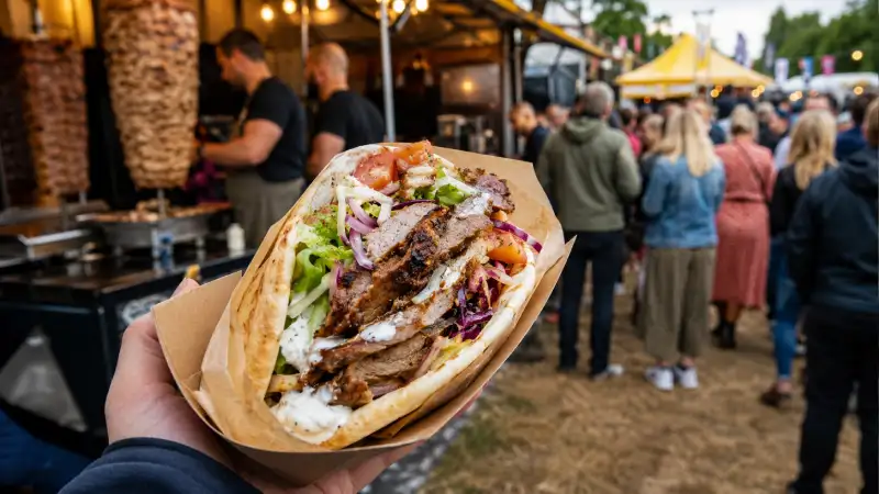 Gyros wrap served at a busy UK outdoor market with kebab grills and food stalls in the background, showing why kebabs, gyros and wraps are strong handheld event foods.