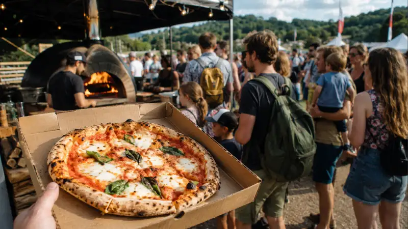Wood-fired pizza served at a busy UK outdoor food festival, showing pizza as a popular event food with strong visual appeal but less handheld convenience than German hot dogs.