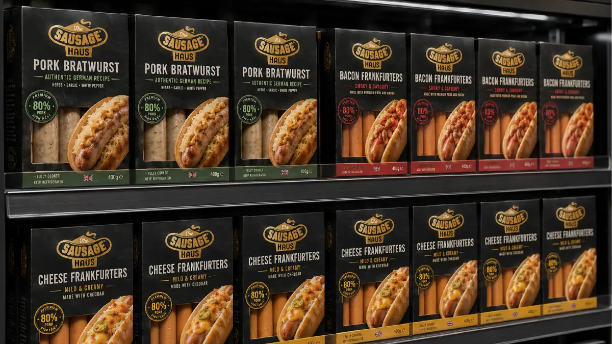 Fresh German sausage packs displayed on a refrigerated UK supermarket shelf, including Bratwurst, Bacon Frankfurters and Cheese Frankfurters.
