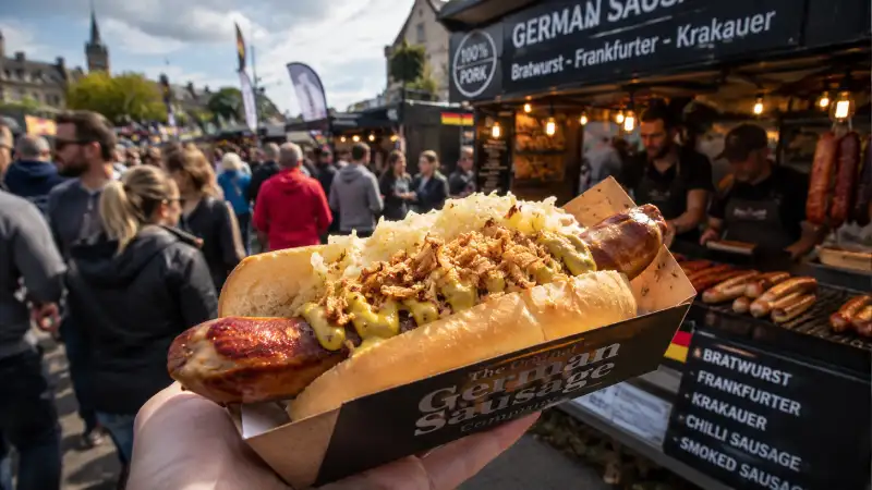 German-style hot dog with sauerkraut, mustard and crispy onions at a busy outdoor event, with a bratwurst and frankfurter grill stall in the background.