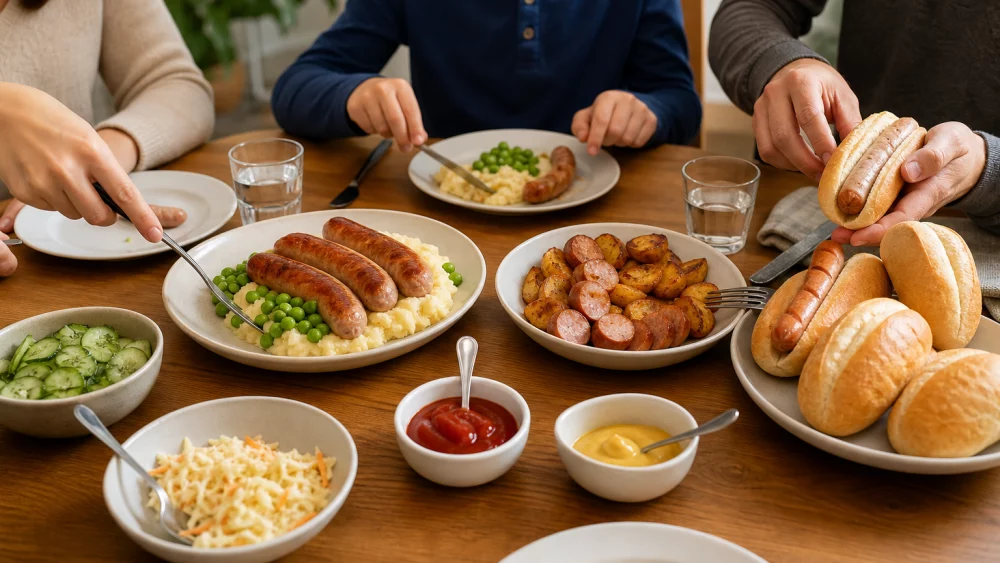 Family-style German sausage dinner with bratwurst, frankfurters, potatoes, salad, peas and simple sauces on a home table.
